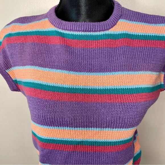 Gloria Vanderbilt Sweater Vest Vintage Knit Stripe Short Sleeve Purple Large - Picture 4 of 9